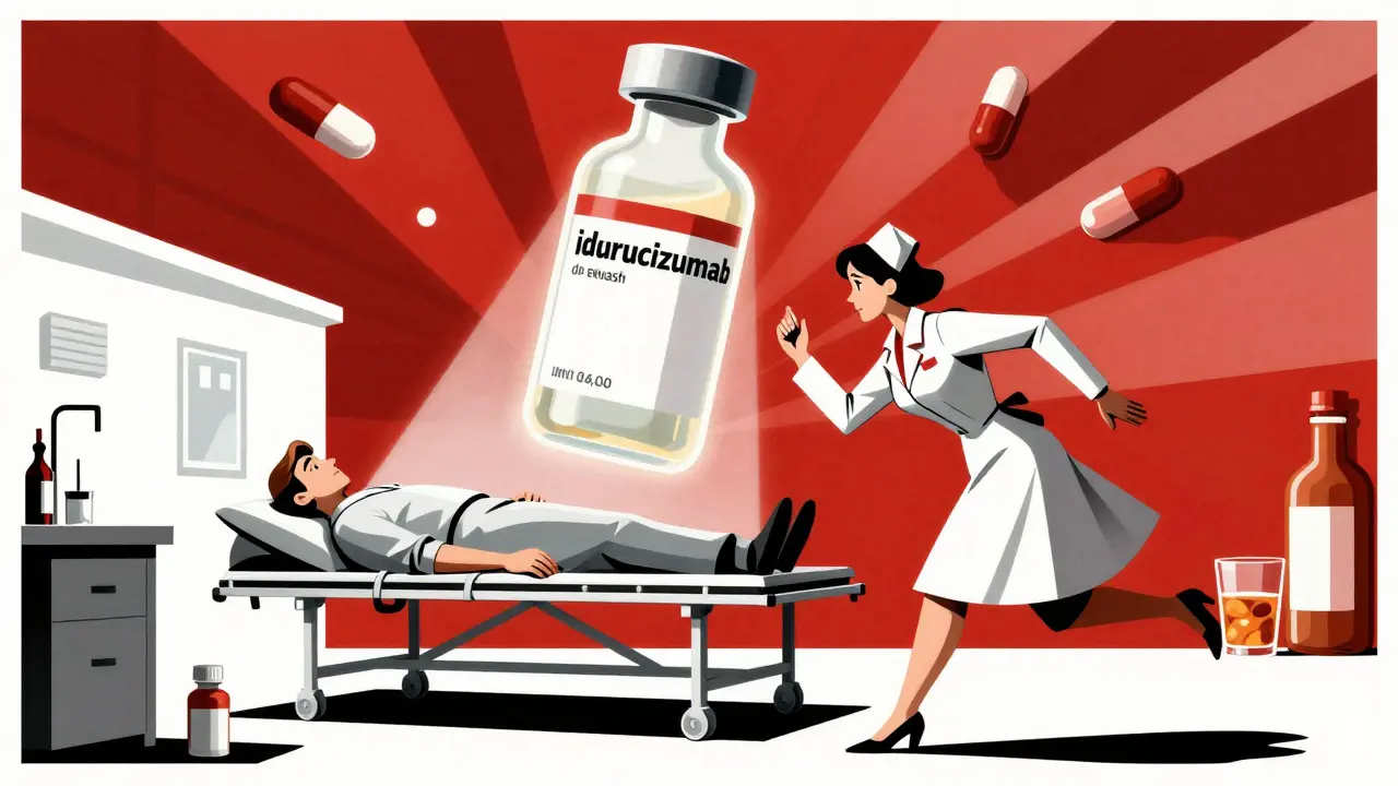 Emergency room scene with nurse rushing patient as giant reversal agent vial glows above warning pills.