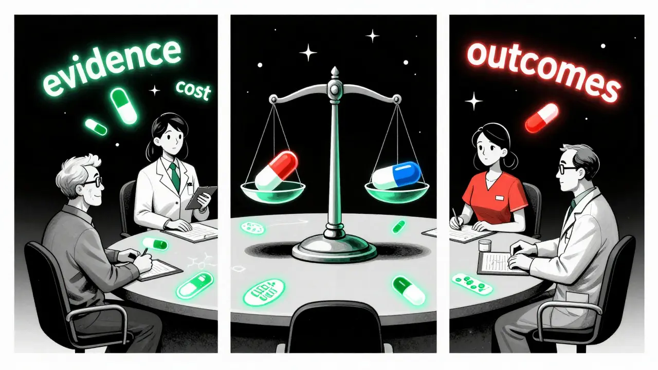 Formulary committee evaluates drug options with glowing icons and symbolic scales, in bold Polish poster art style.