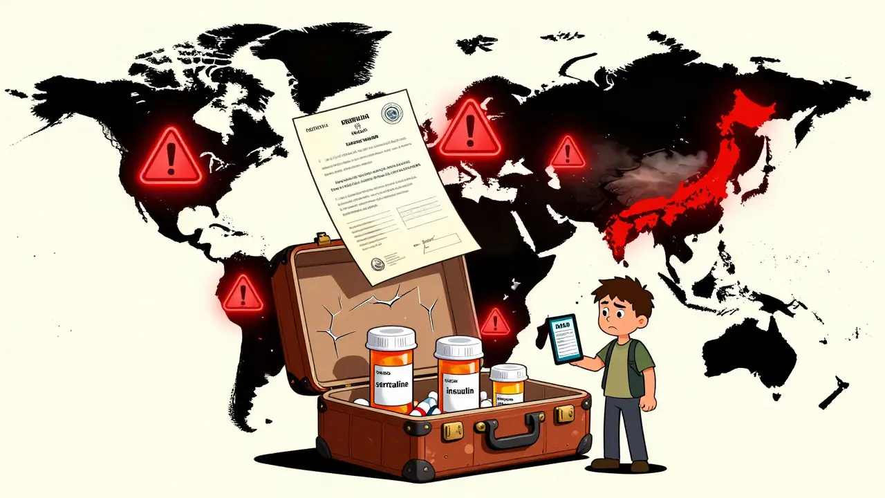 Global map with warning icons over countries where medications are restricted, traveler holding INCB database.
