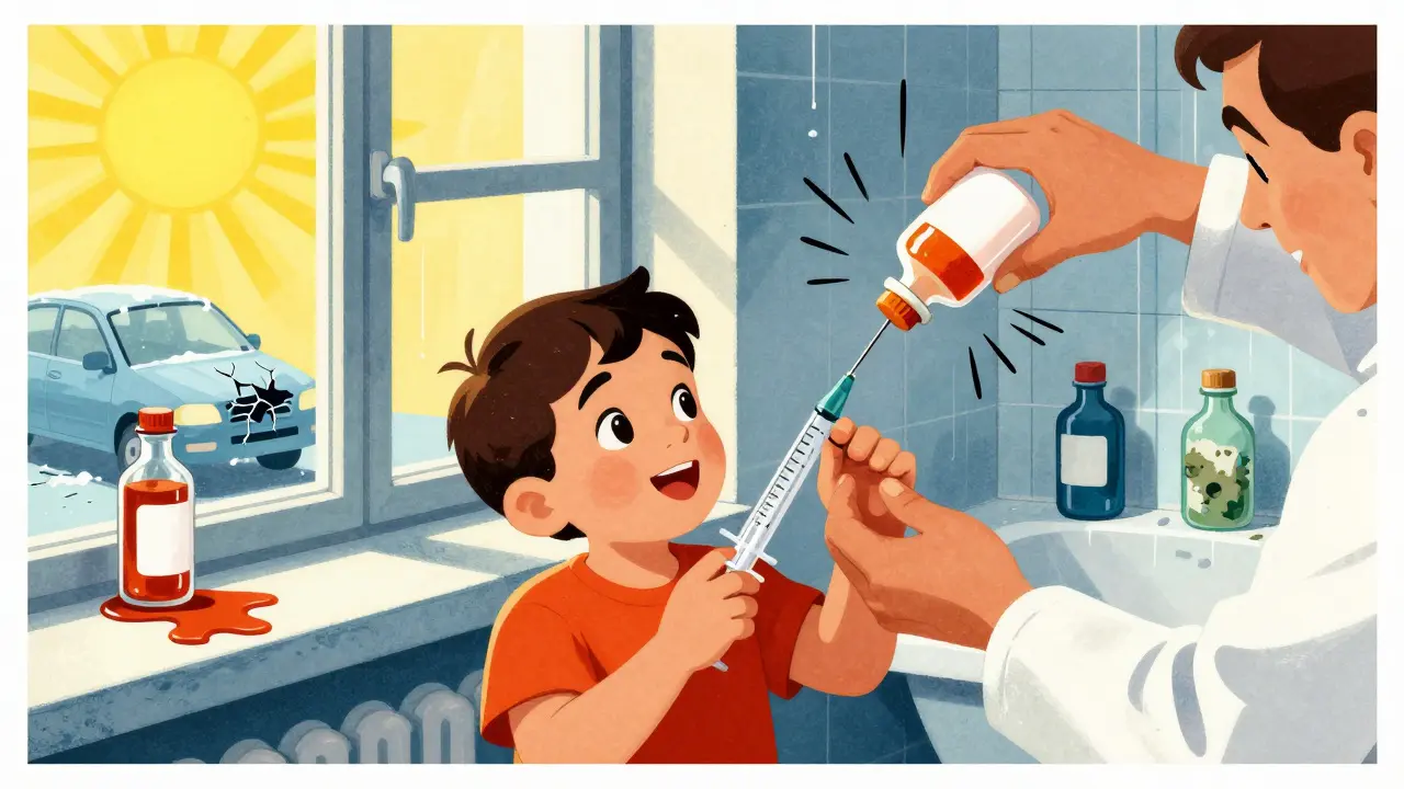 Parent and child using a syringe to dose medicine, with symbolic hazards like sun, freezer, and humidity around them in stylized graphic form.