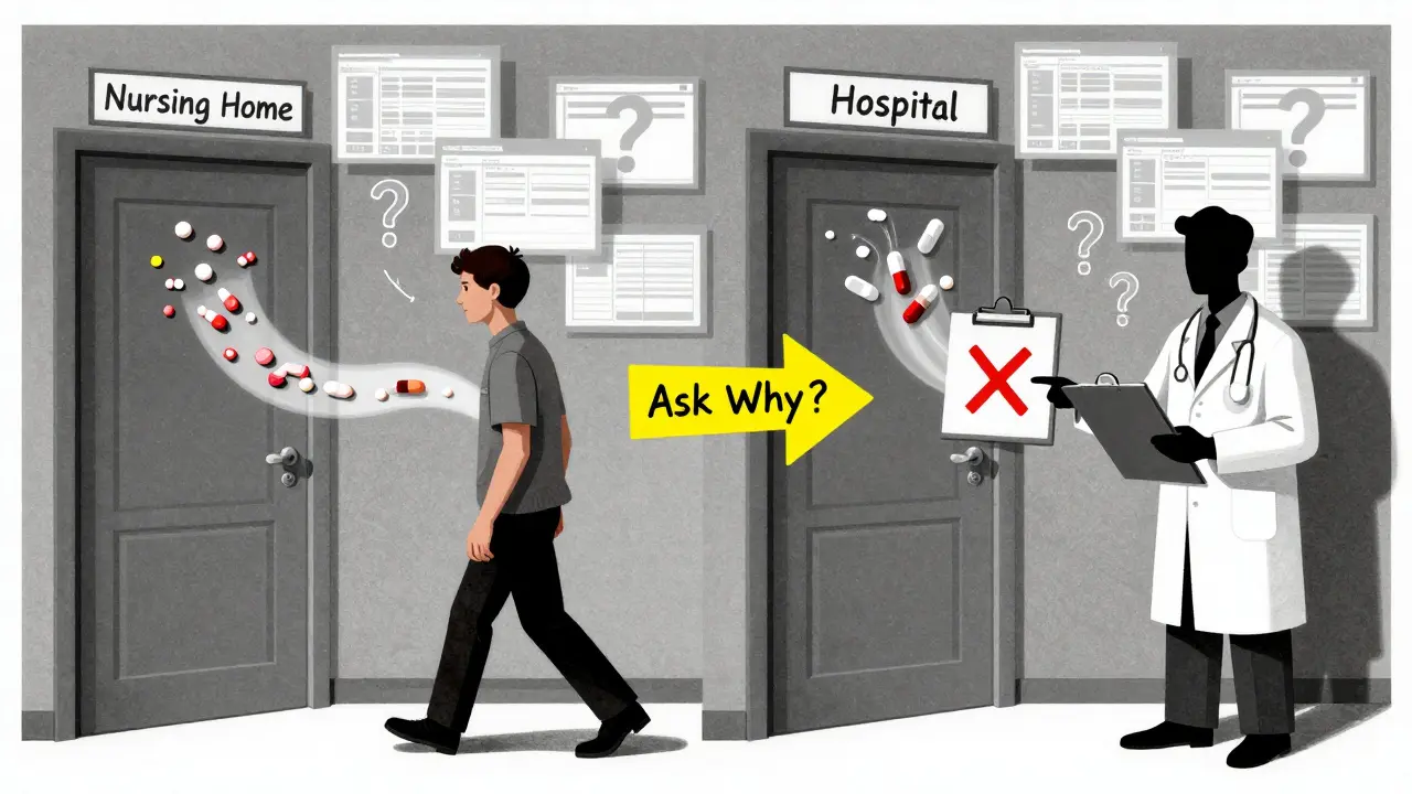 Patient caught between conflicting drug streams from hospital and nursing home, illustrated with symbolic confusion.