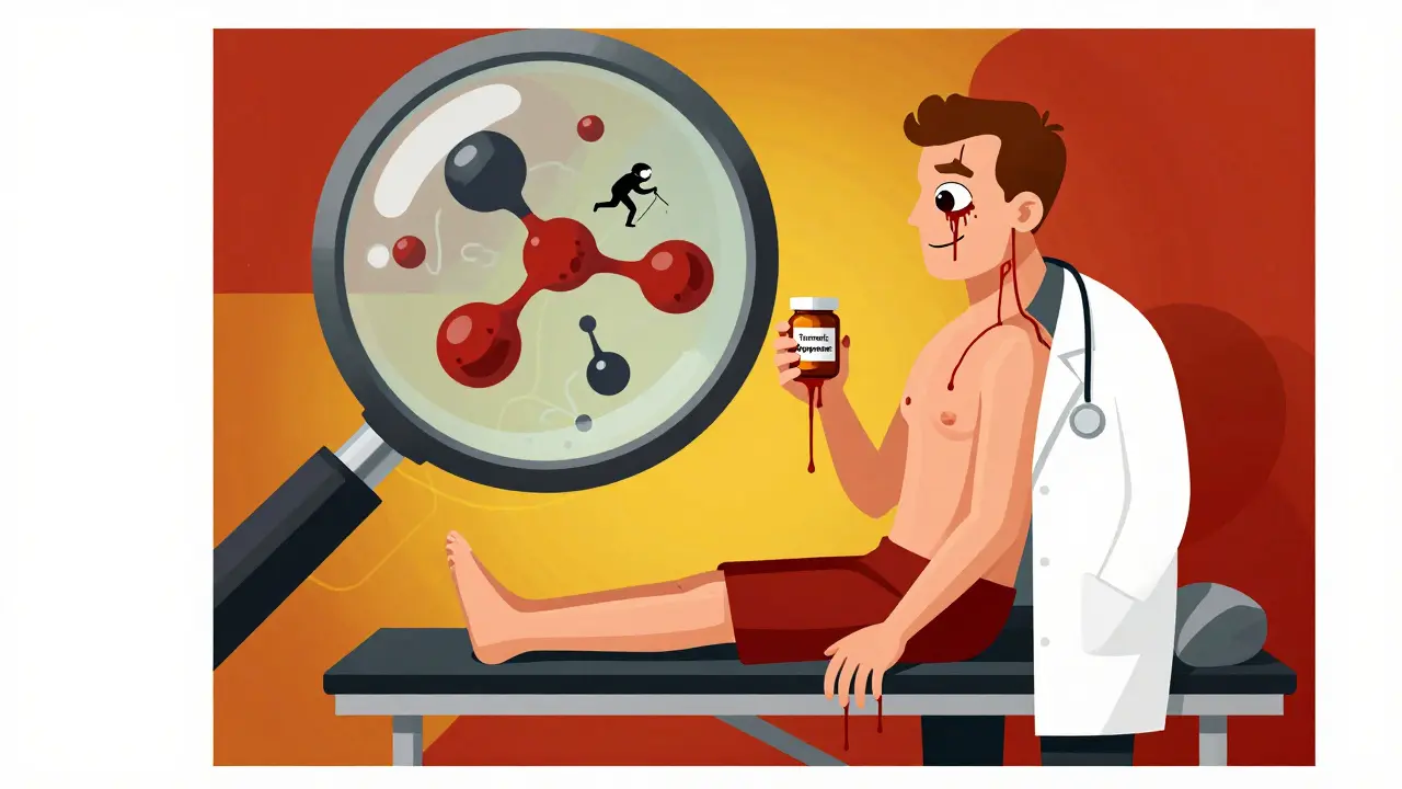Patient smiling while holding turmeric supplement, but bleeding red threads from body as curcumin molecules disrupt clotting proteins.
