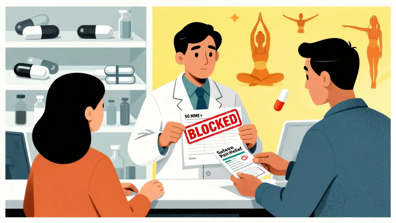 Pharmacist blocking a high-dose opioid prescription while offering naloxone and safer pain relief options.