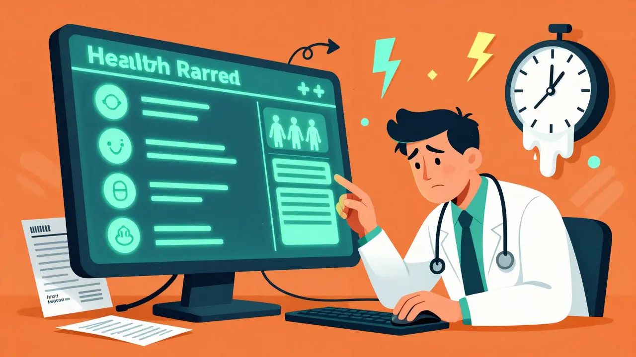 Physician interacting with an EHR screen showing generic drug suggestions, with symbolic speed elements in the background.