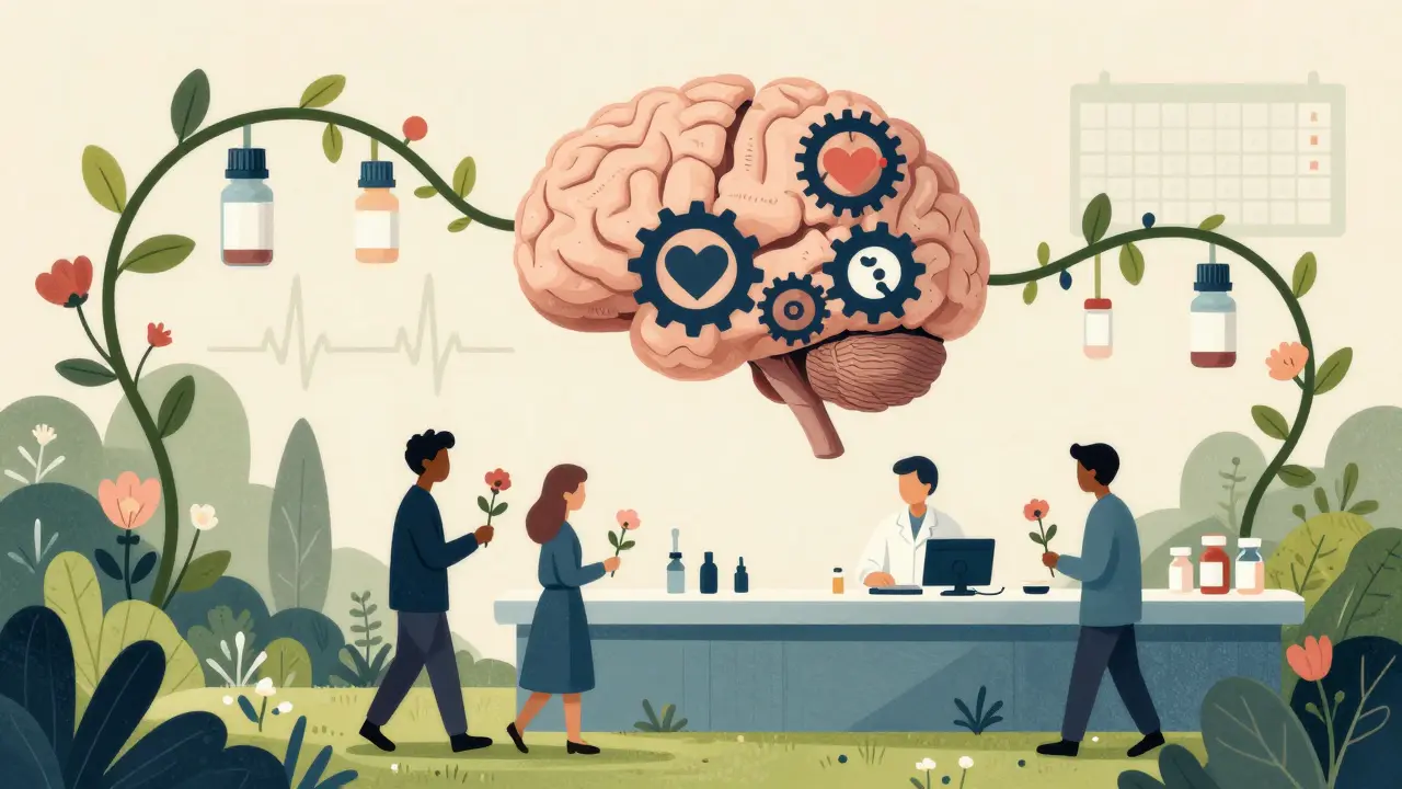 Pill bottles grow as flowers in a pharmacist’s garden, connected to an AI brain made of gears and hearts.