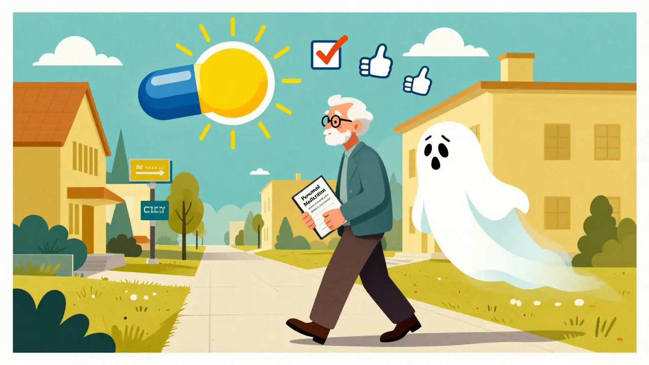 Senior walking confidently with medication list as a confused older self fades away behind them.