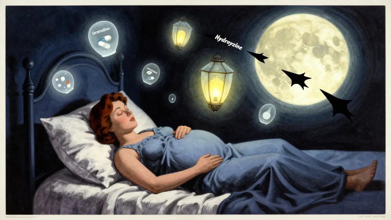 Sleeping pregnant woman surrounded by glowing safe meds, dangerous ones fading into shadow