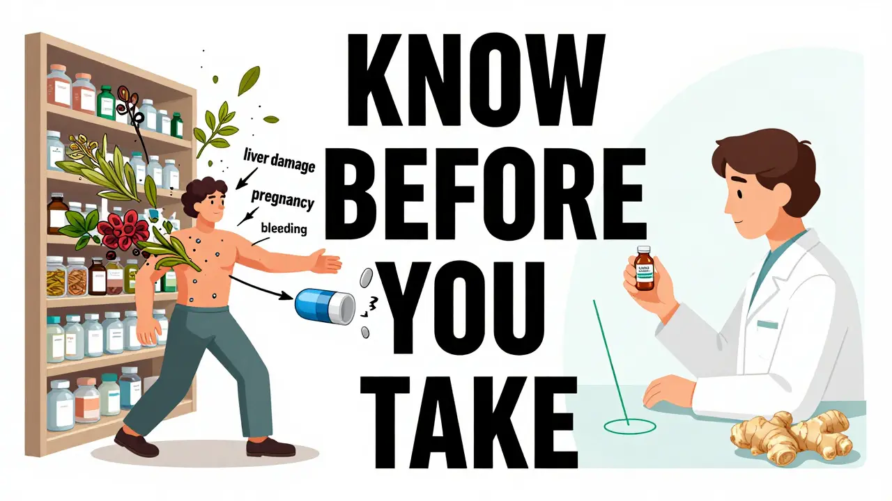Split illustration showing dangerous herbal risks versus safe, verified natural remedies with pharmacist consultation.