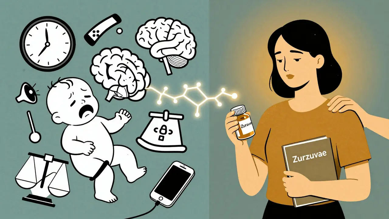 Split image of a mother overwhelmed by stress versus healed with treatment, showing brain synapses connecting both states.