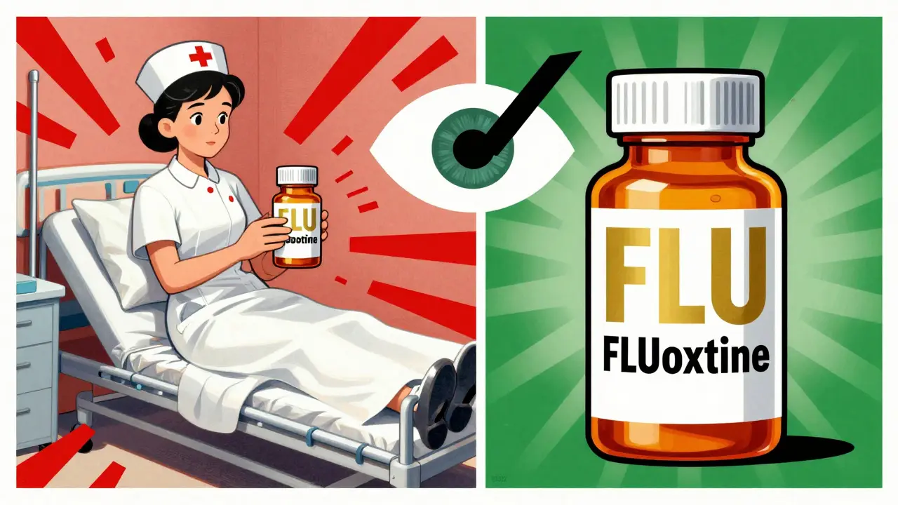 Split image: one side shows lowercase 'fluoxetine' with chaos, the other shows bold 'FLUoxetine' with safety rays, a giant eye watching over both.