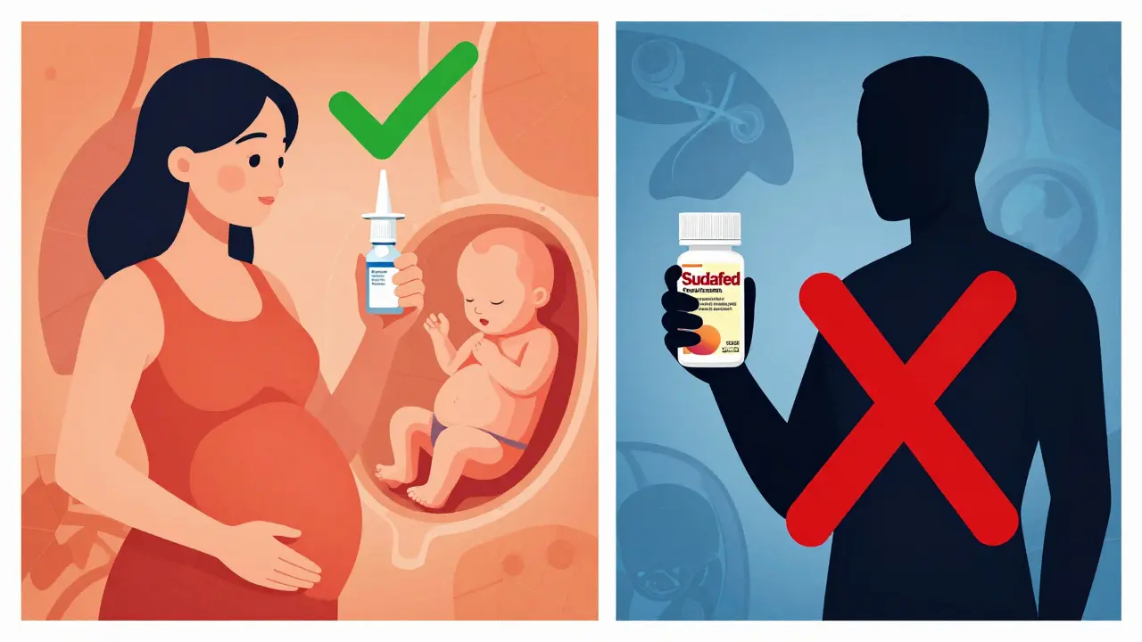 Split image: safe nasal spray vs. avoided decongestant with symbolic checkmark and X