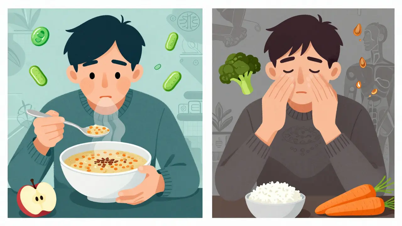 Split scene: calm healthy meal vs. gentle dietary adjustments during gut flare-up, illustrated in Polish poster style.