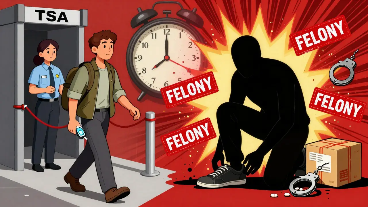 Split scene: calm traveler with medical device vs. person hiding pills, symbolizing compliance versus risk.