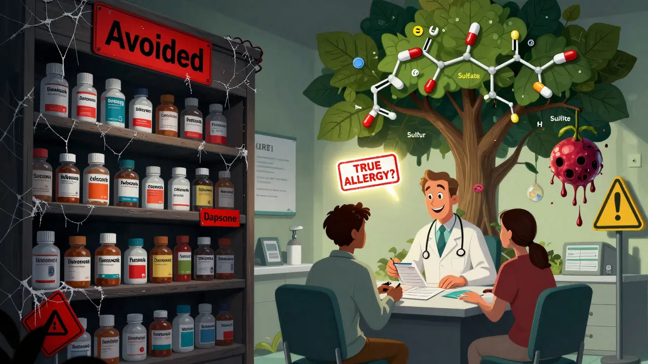 Split scene: dark, abandoned meds on one side, bright safe prescriptions on the other, with a chemical tree and caution sign in Polish poster style.