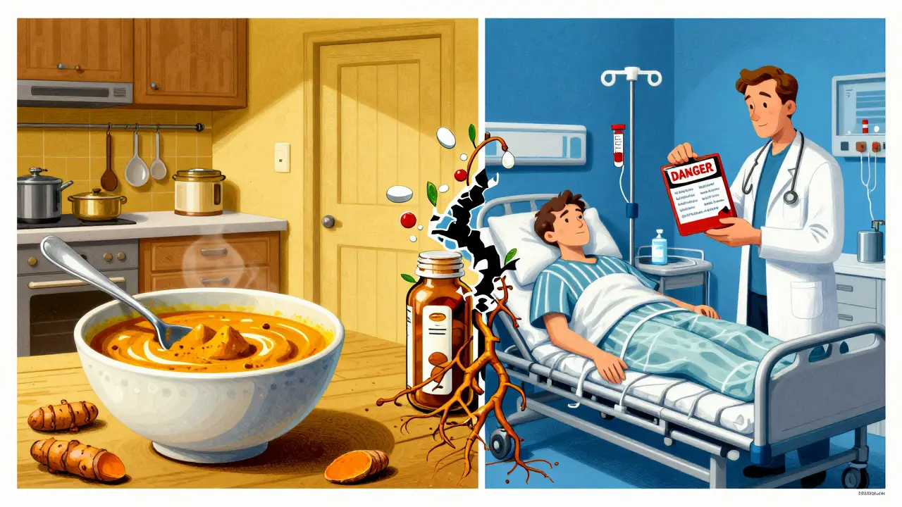 Split scene: safe turmeric in curry vs. hospital emergency with blood vines and danger readout, symbolizing food vs. supplement risk.