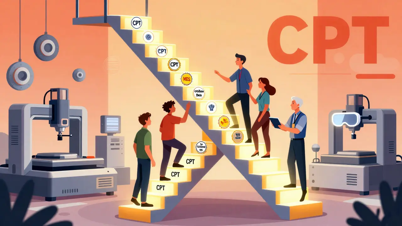 Stackable credentials forming a glowing staircase as workers of all ages climb and mentor each other in a stylized factory environment.