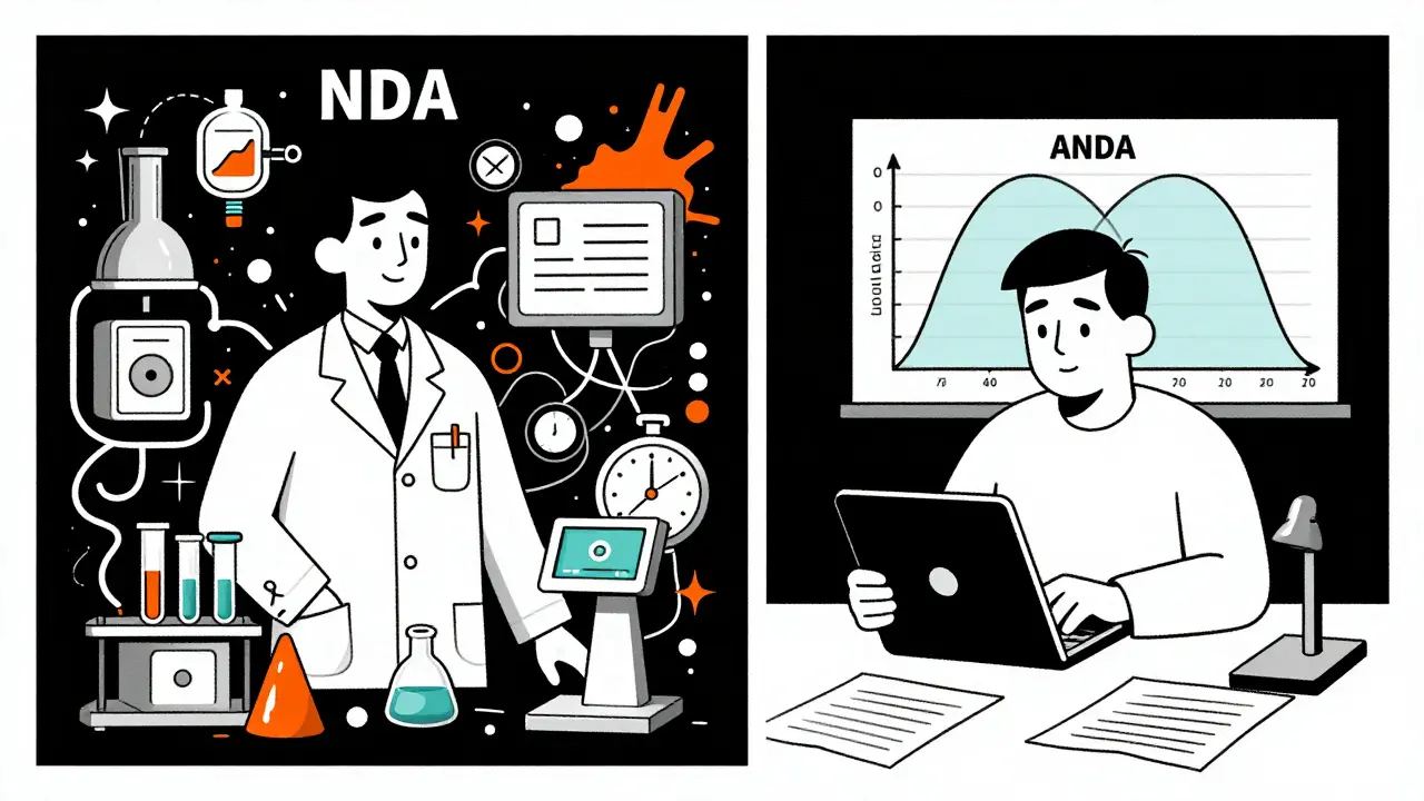 Two scientists side by side: one overwhelmed by NDA complexity, the other calm with a simple ANDA graph, in stylized Polish poster art.