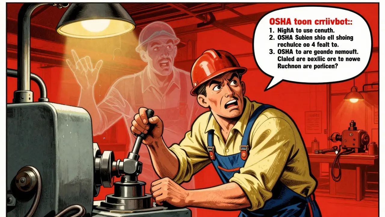 Worker verbally confirming safety step before machine operation, with fading accident ghost and OSHA checklist in speech bubble.