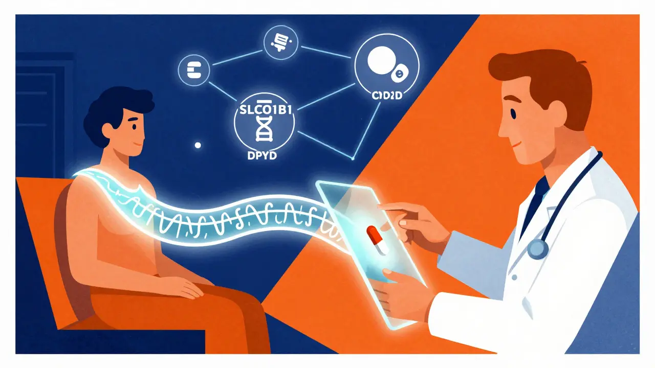 A genetic profile flows as light through a tablet, helping a doctor choose safer medications in a futuristic clinic with symbolic gene orbs.