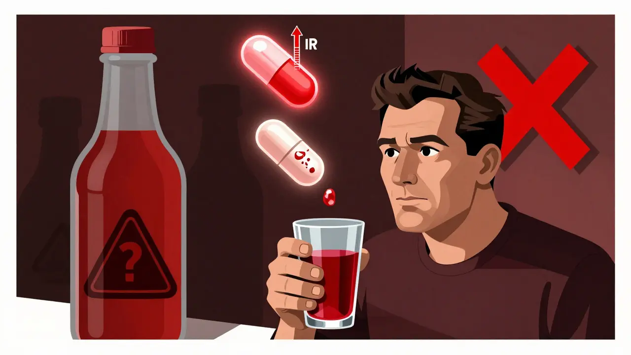 A man drinking pomegranate juice while floating medications glow with warnings, beside a giant X-marked grapefruit.