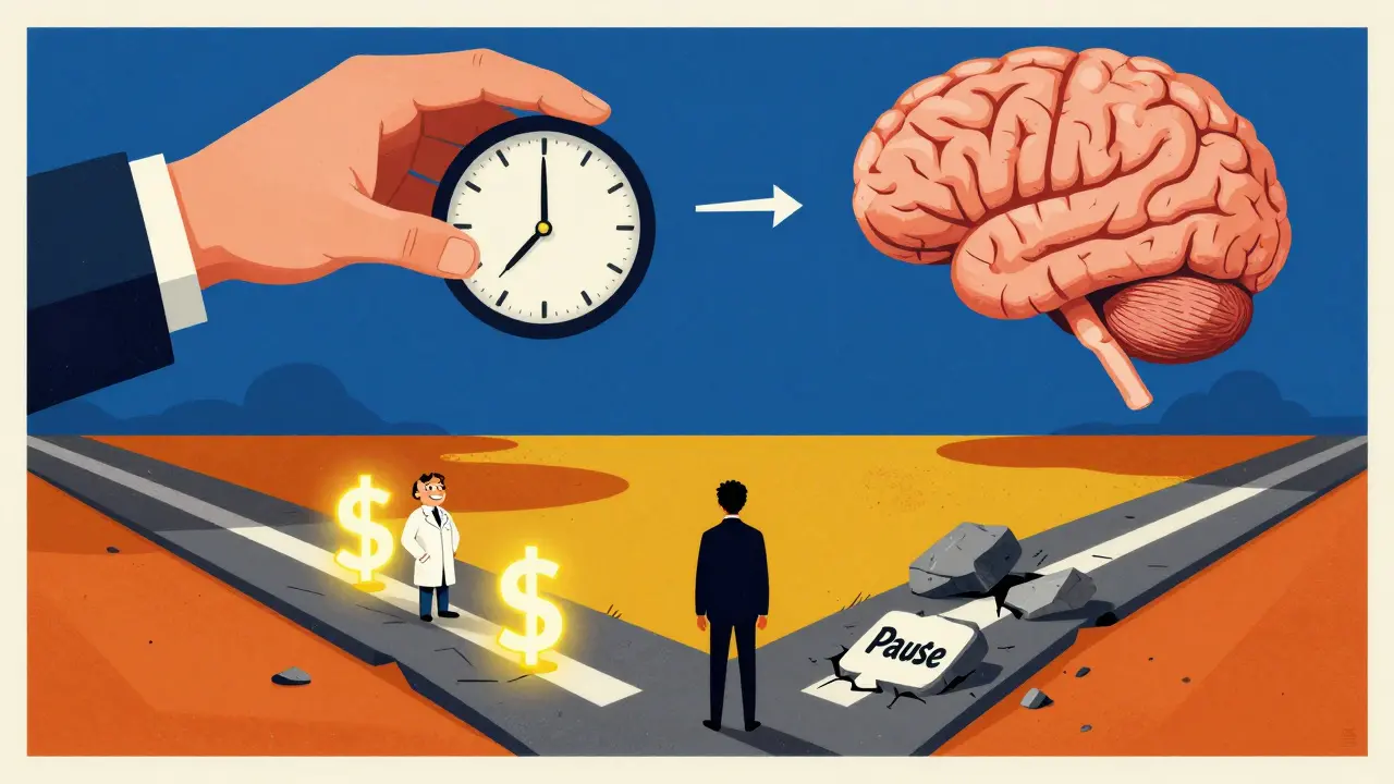 A person at a crossroads pulled between glowing wealth and crumbling data, giant hands tugging brain and clock in Polish poster style.