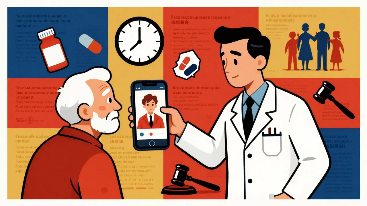 A pharmacist uses video interpreting technology while an elderly patient looks reassured, surrounded by symbols of language barriers and legal rights.