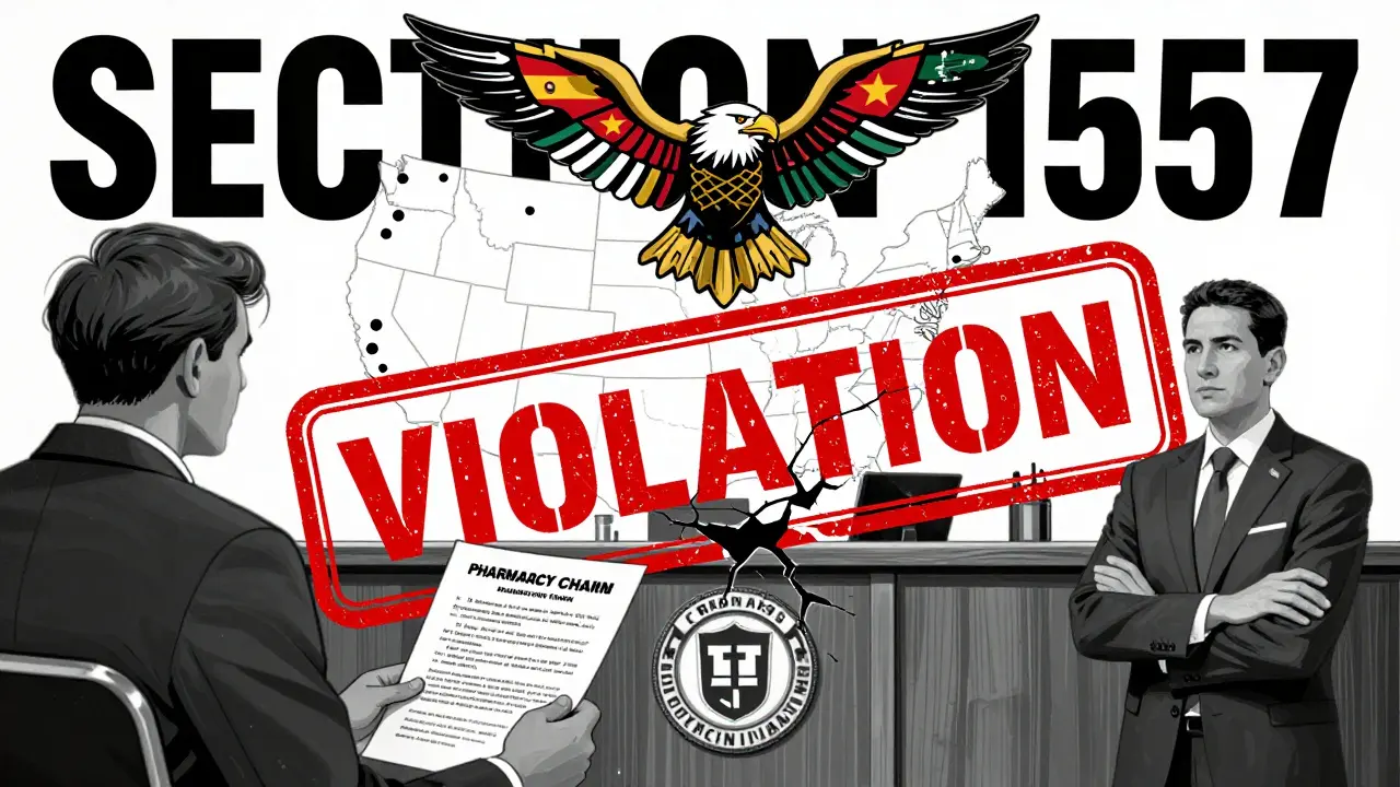 A pharmacy faces legal consequences for denying interpreter services, while a patient and trained interpreter stand firm under a symbol of federal law.