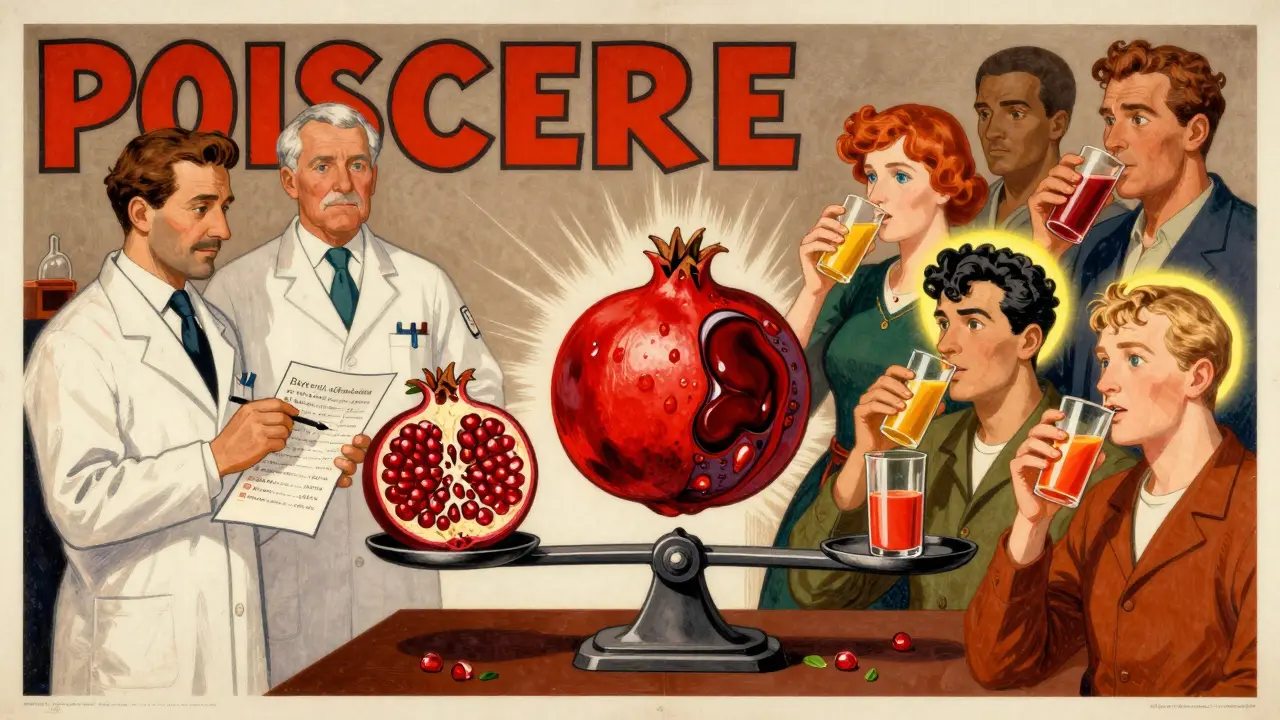 A split poster showing doctors advising patients, with pomegranate balanced against health risks in symbolic poster art.