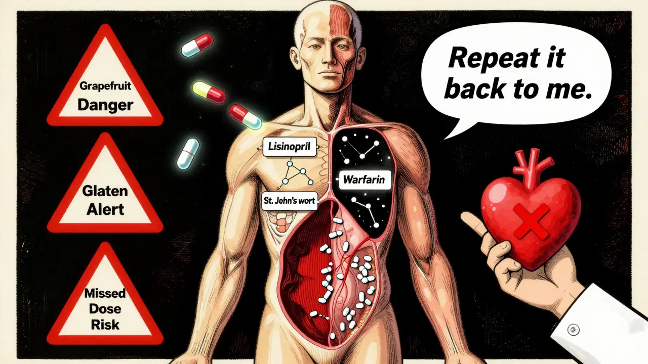 An illustrated human body with floating pills and warning symbols, showing drug interactions and safety risks.