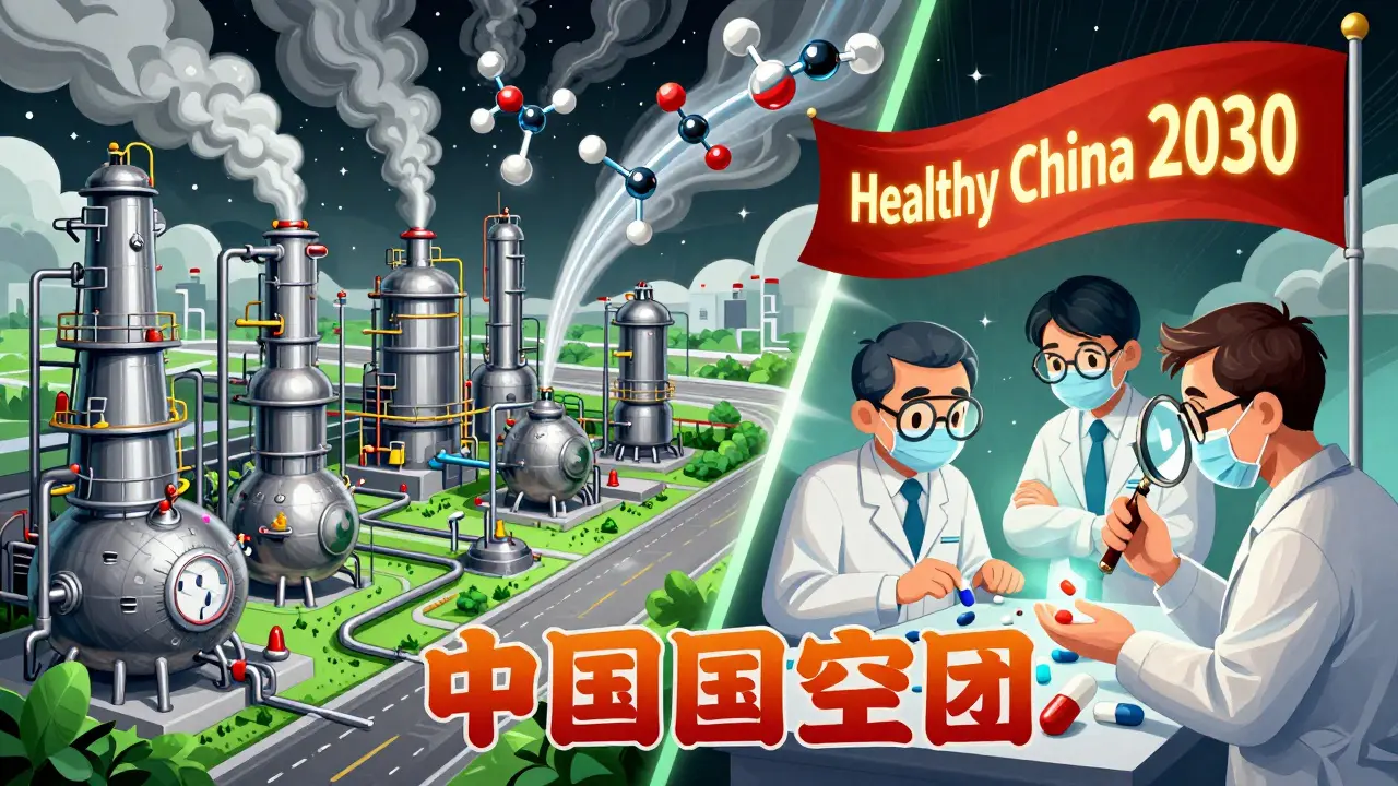 China’s pharmaceutical factories spewing API molecules into global supply chains, with FDA inspectors inspecting pills and a glowing 'Healthy China 2030' banner above.
