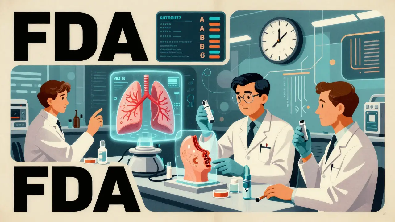 FDA scientists testing topical creams and inhalers using holographic models, with rising A ratings and falling B codes on a glowing dashboard.