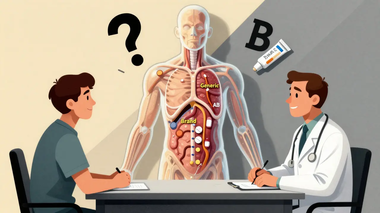 Patient and doctor with a transparent human torso showing identical drug absorption paths for brand and generic, a B code hovering above complex drug forms.