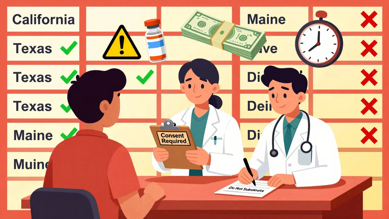 Patient faces a wall of state prescription labels, pharmacist holds consent form, biosimilar vial with warning icon above.