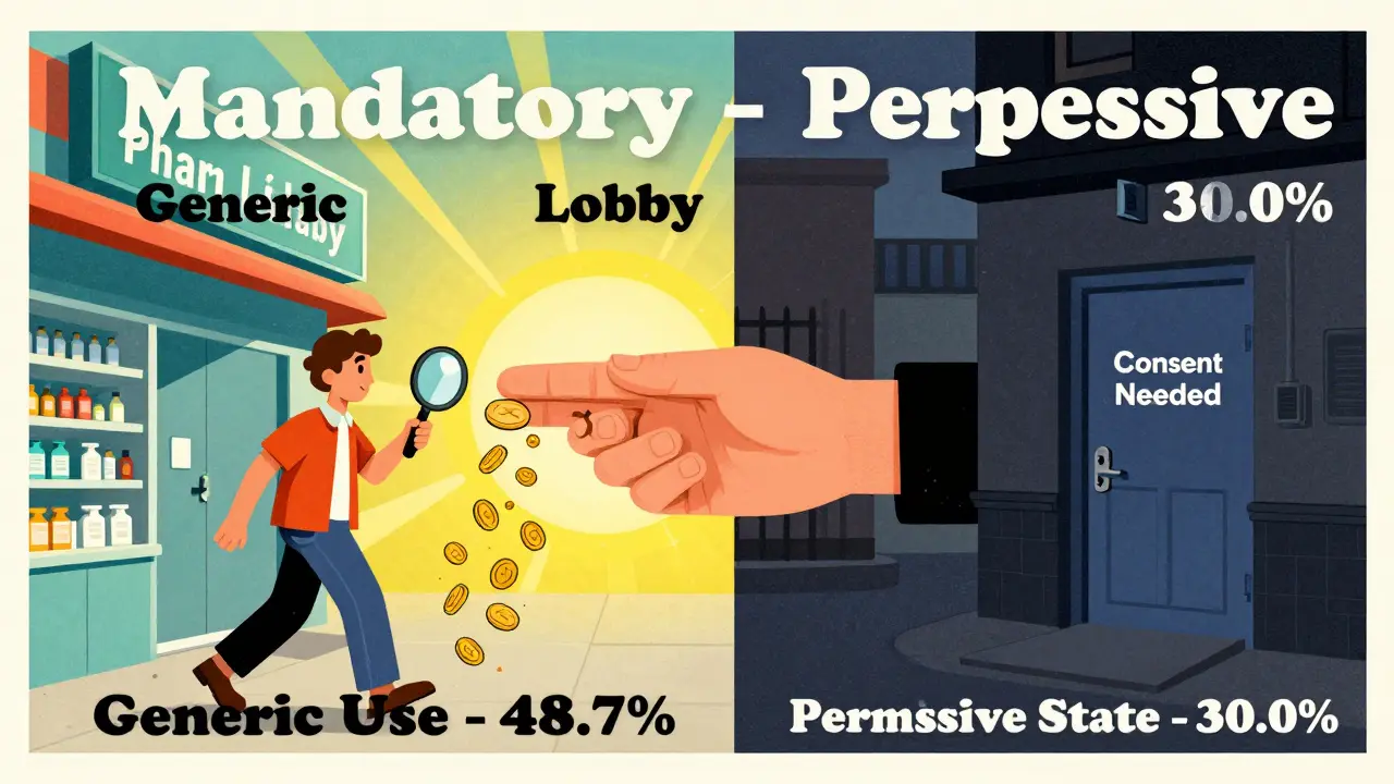 Patient walks from pharmacy onto two paths—one sunny with savings, one dark with locked door—labeled by generic use rates.