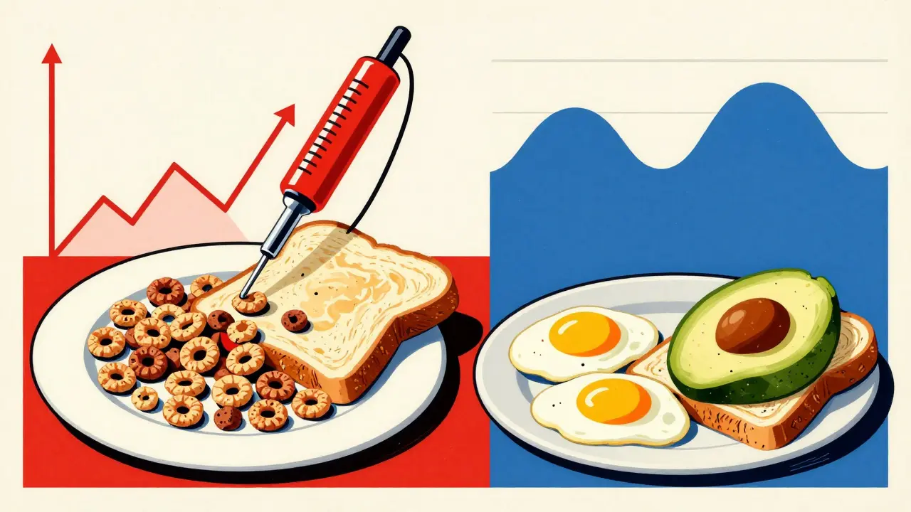 Split illustration comparing sugary breakfast with a balanced meal, showing blood sugar spikes versus stability in graphic poster style.