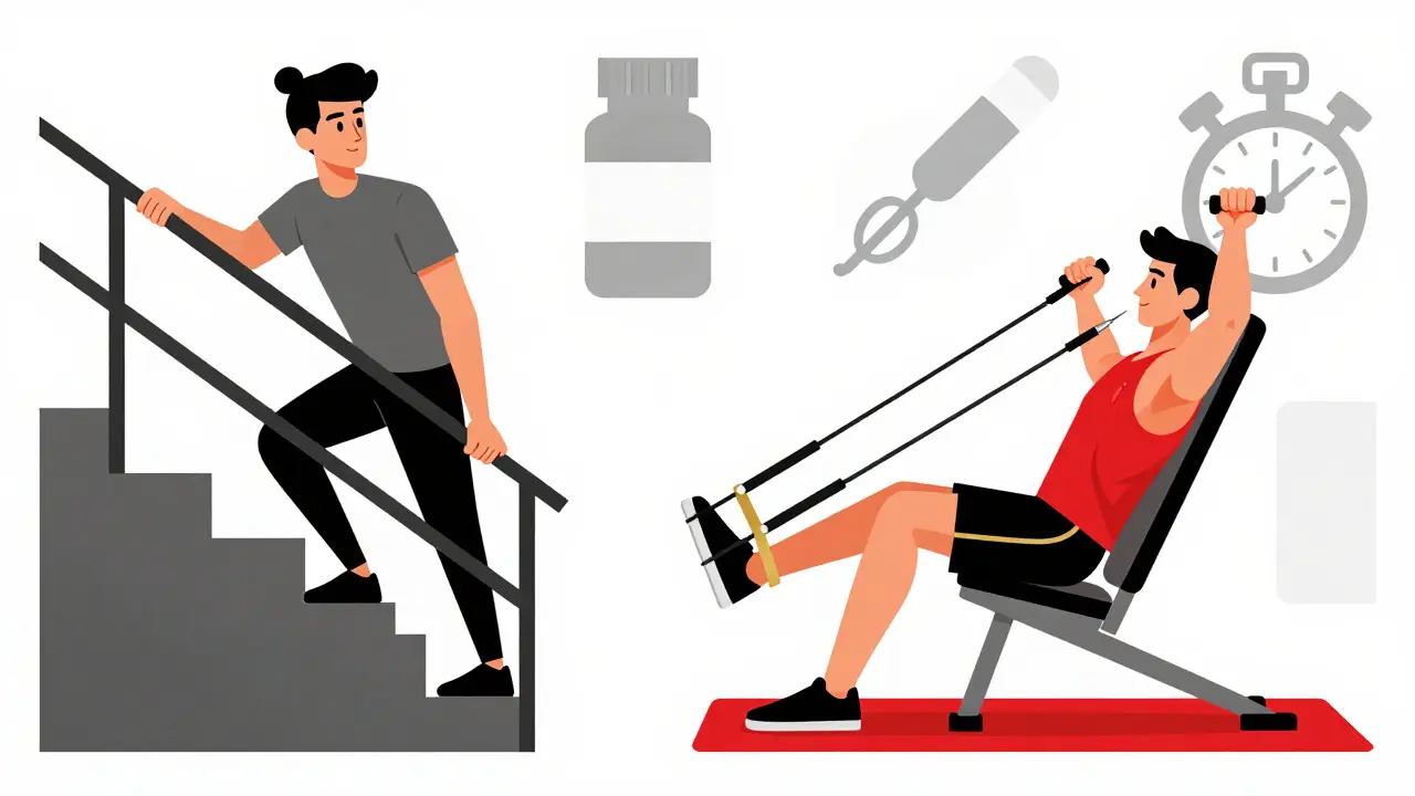 Split scene: person struggling on stairs vs. doing leg press with resistance bands.