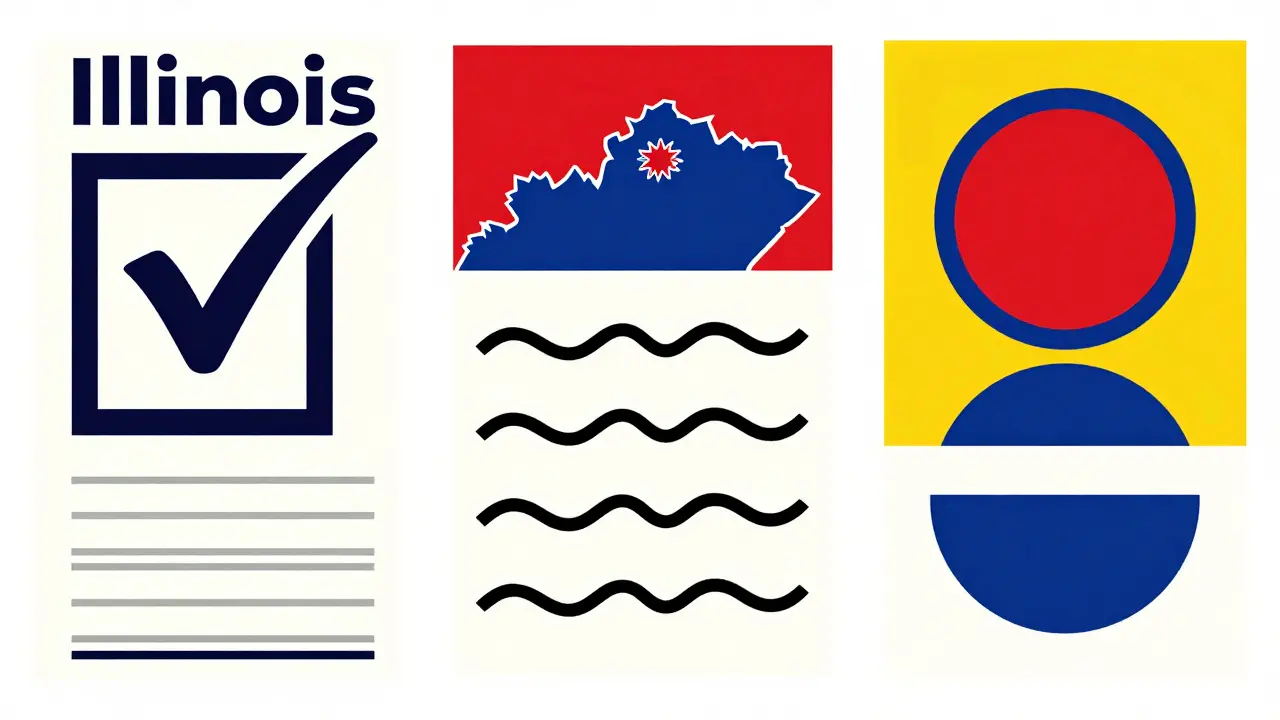 Three state-specific prescription override symbols in Polish poster style.