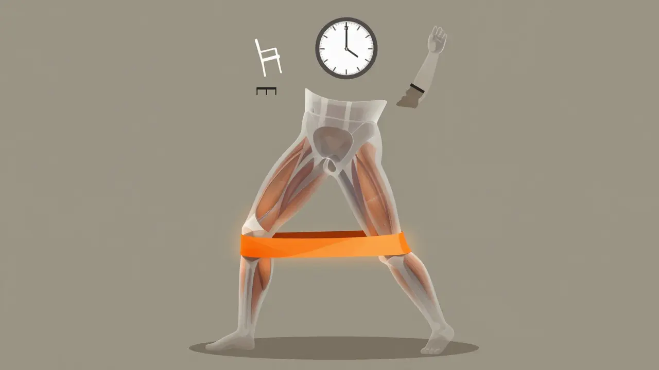 Transparent torso showing damaged thigh muscles being restored by a resistance band.