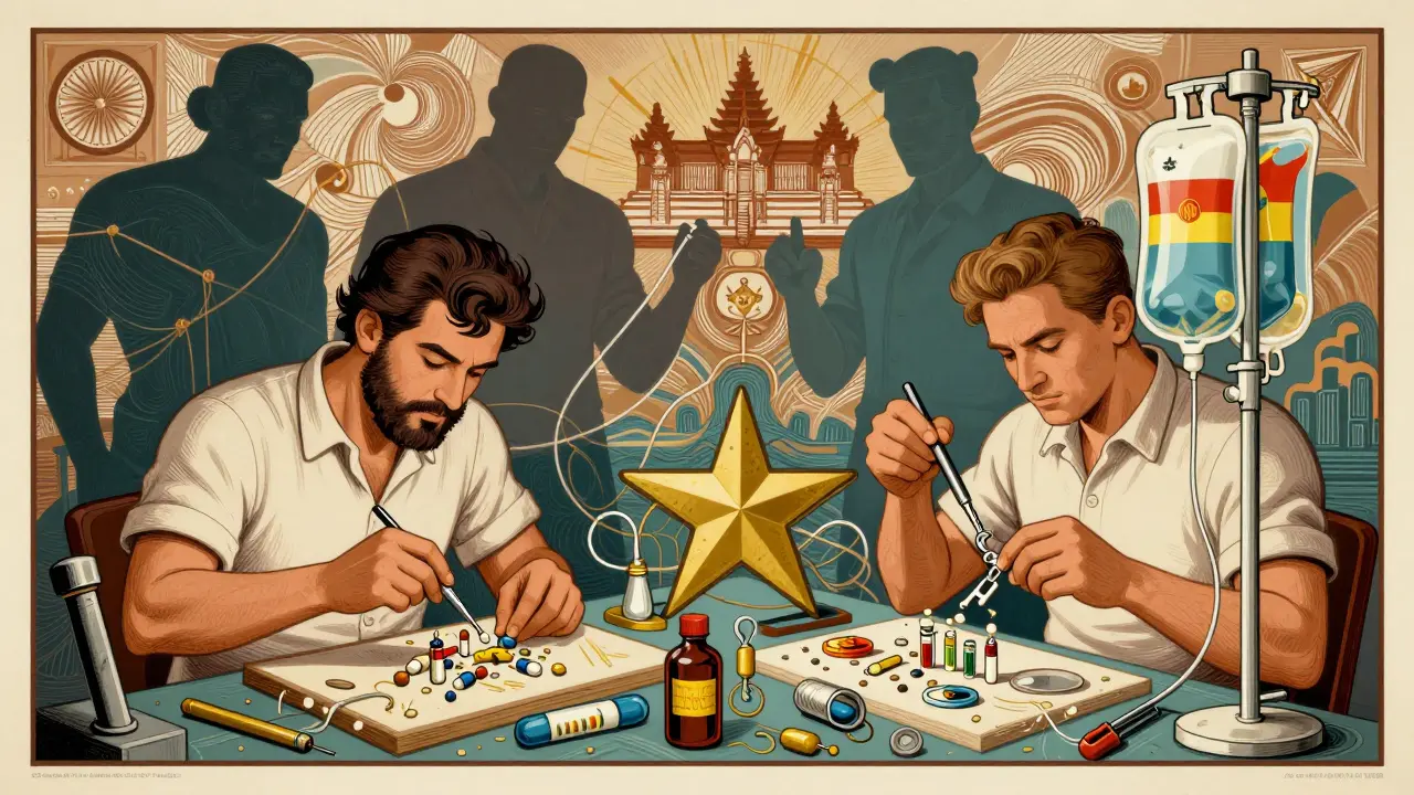 Vietnam and Cambodia as skilled artisans crafting medical components, while shadowy figures of India and China loom in the background under an ASEAN trade star.