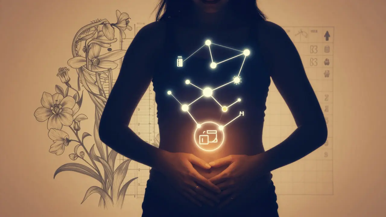 Woman touching her abdomen as glowing symbols of health rise around her, representing metabolic healing through lifestyle changes.