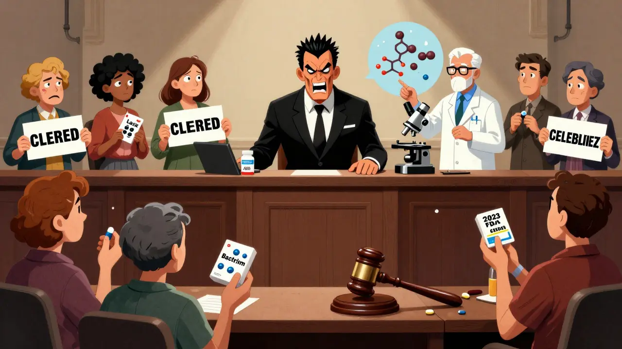 A courtroom scene where a chemical structure is on trial, revealing the true cause of sulfa allergy with safe drugs as witnesses.