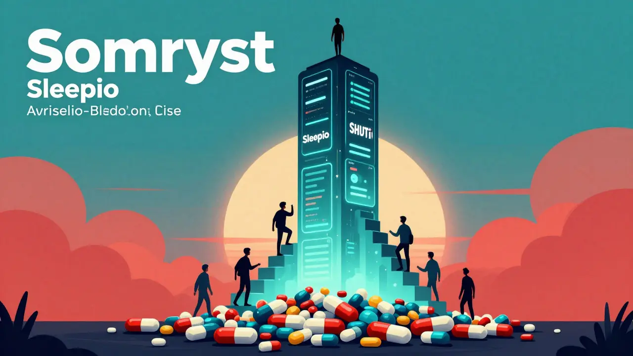 A digital therapy tower rising from discarded pills, diverse figures climbing toward a sunrise in bold colors.