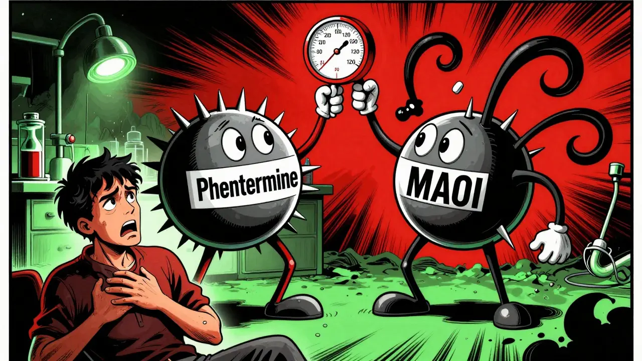 A dramatic clash between phentermine and MAOI drug molecules causing a dangerous blood pressure spike, with a distressed patient in the foreground.