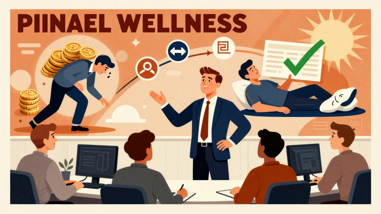 A manager presents an infographic mural showing stress reduction and financial gain, with stylized icons and angular Polish poster aesthetics.