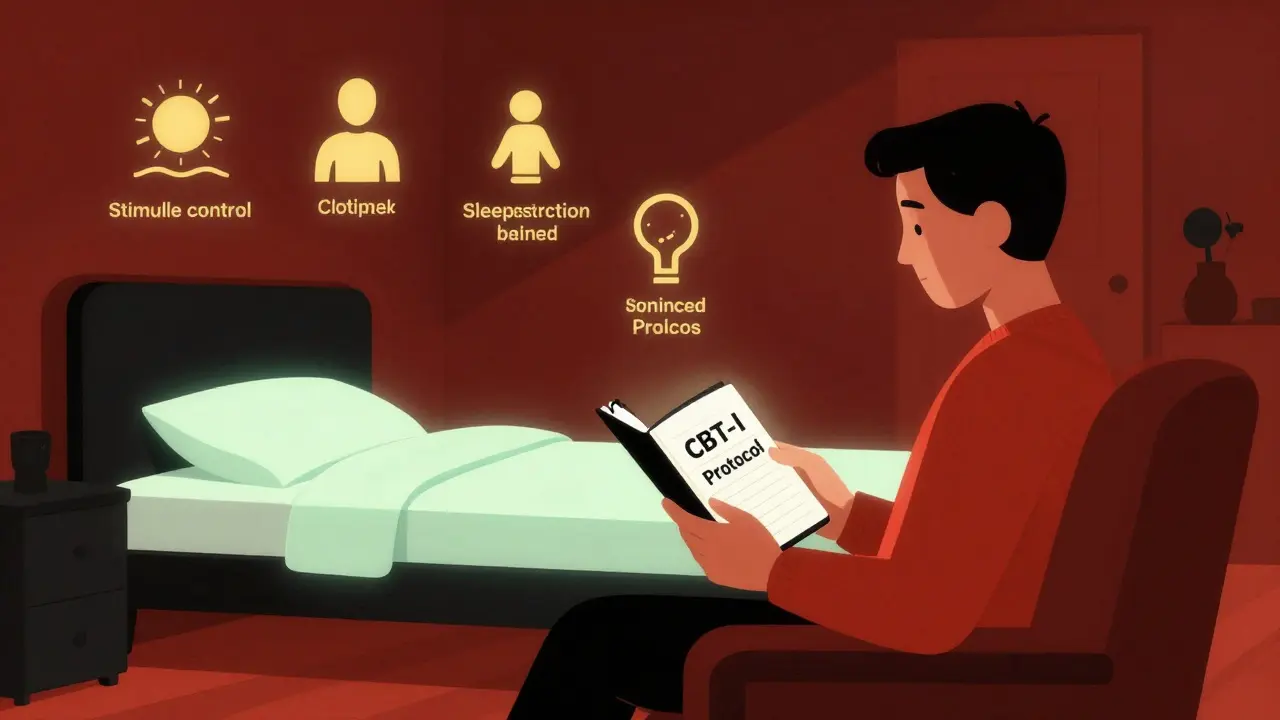 A person calmly sitting with a CBT-I notebook as their bed glows green, with symbolic therapy elements floating above.