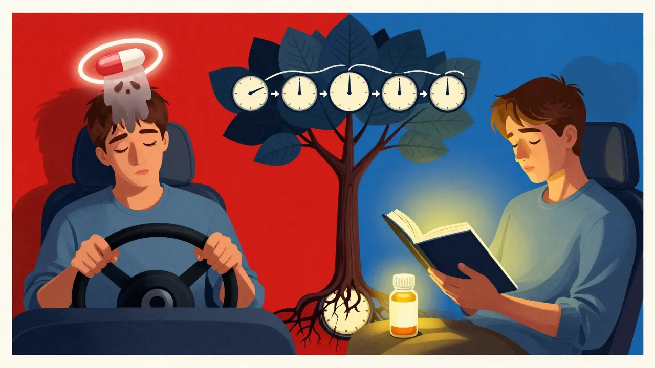 A split image: one side shows a drowsy driver with a toxic pill halo, the other a calm reader with melatonin nearby.