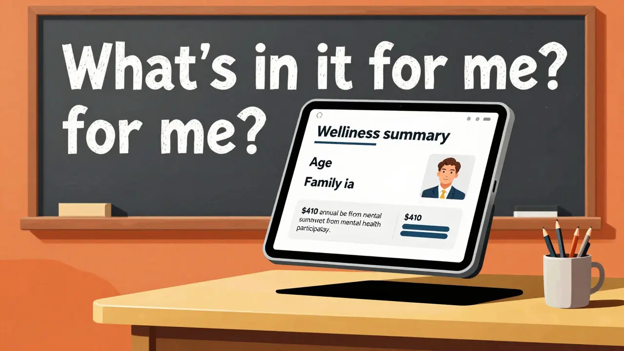 A tablet projects personalized wellness savings for one worker, surrounded by minimalist office details and bold chalkboard messaging.