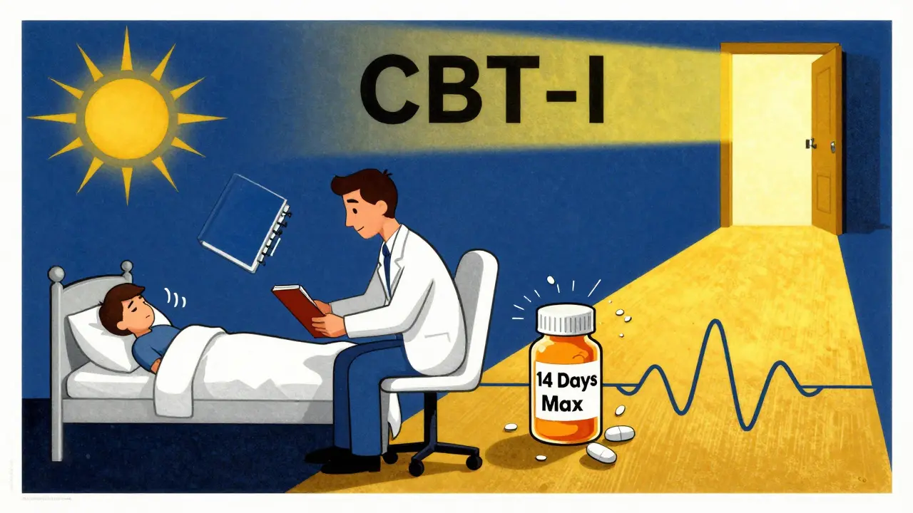 A therapist guides someone away from a crumbling pill bottle toward a glowing door labeled CBT-I with sleep symbols.