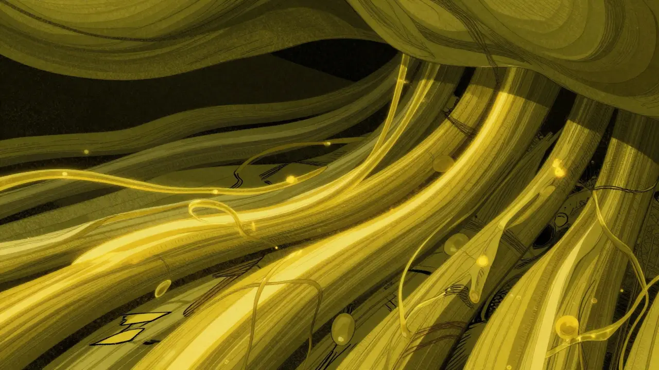 Abstract geometric muscle fibers showing energy depletion and damage.