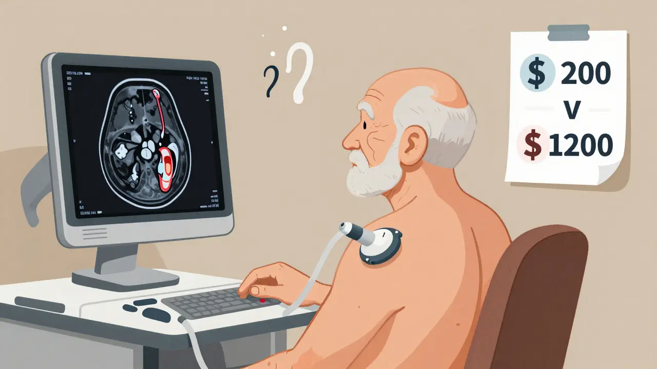 An elderly man receiving shoulder ultrasound with floating MRI scan and cost icons beside him.